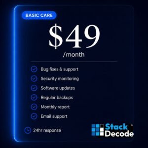 Basic Care monthly maintenance plan by Stack Decode Web and IT Solutions — $49 per month