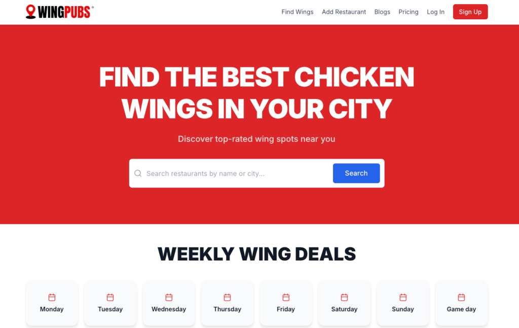 Restaurant directory website design homepage for Wingpubs