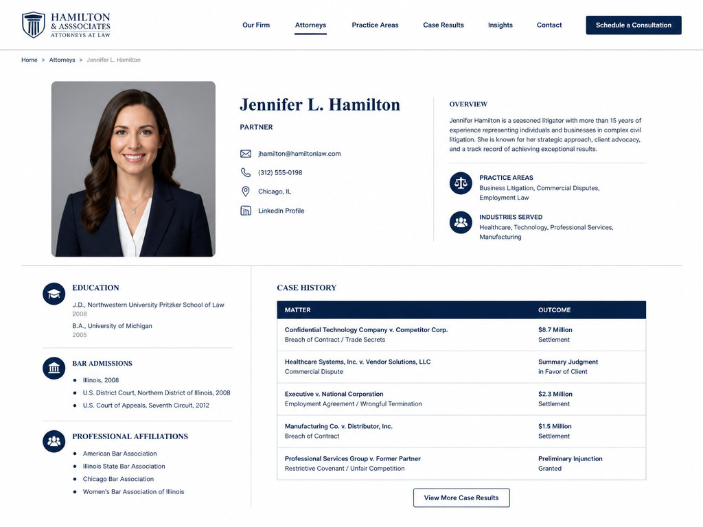attorney profile page created using law firm website design services