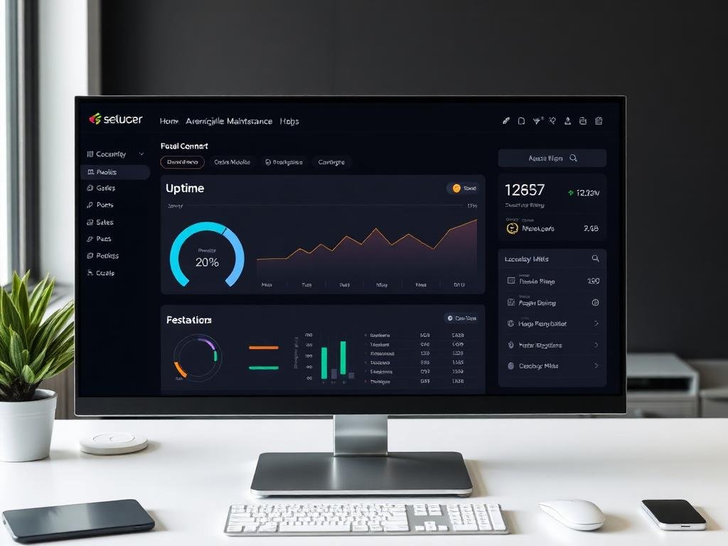 Website maintenance dashboard showing uptime and security monitoring