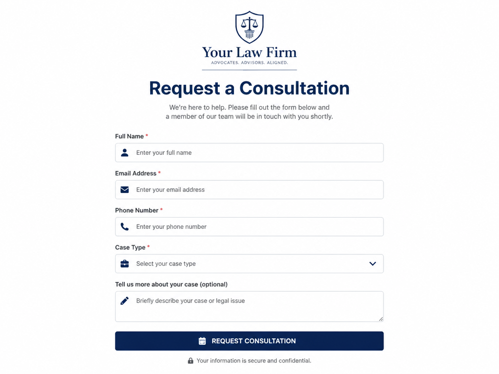 client intake form example from law firm website design services