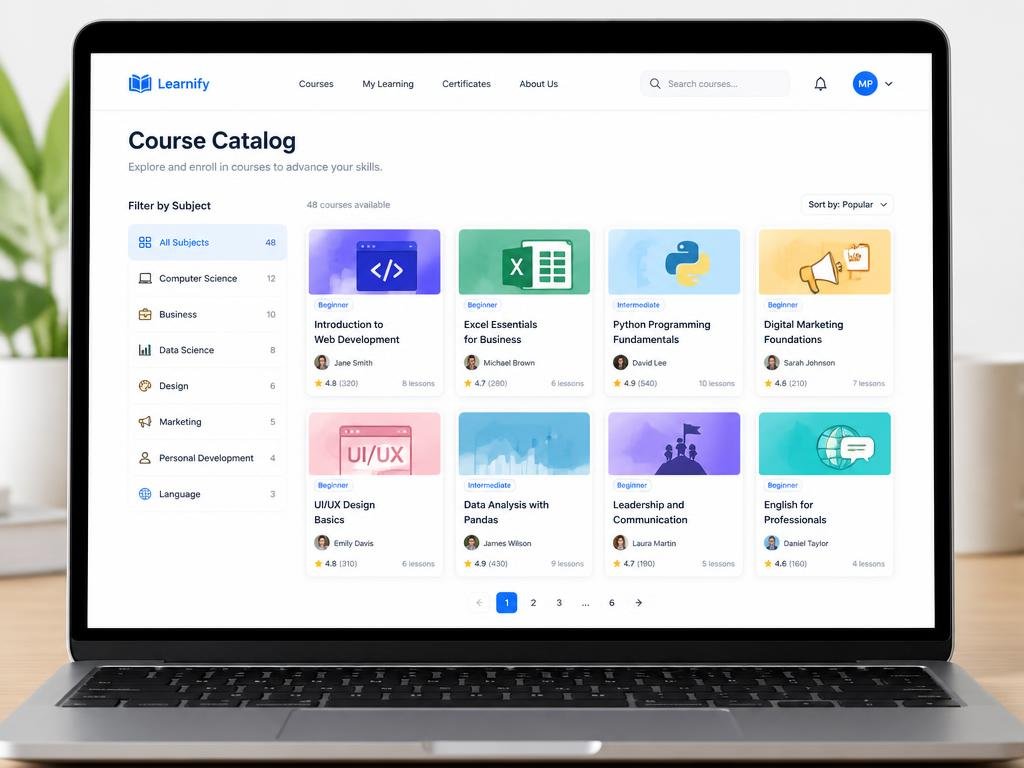 course catalog page created using education website design services