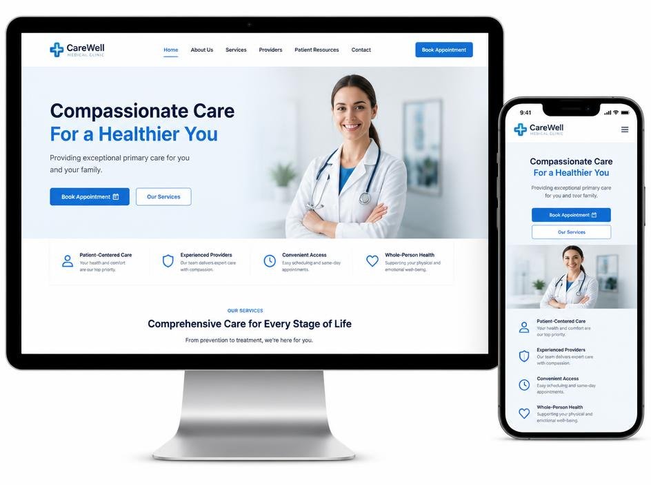 healthcare clinic website design on mobile and desktop by Stack Decode