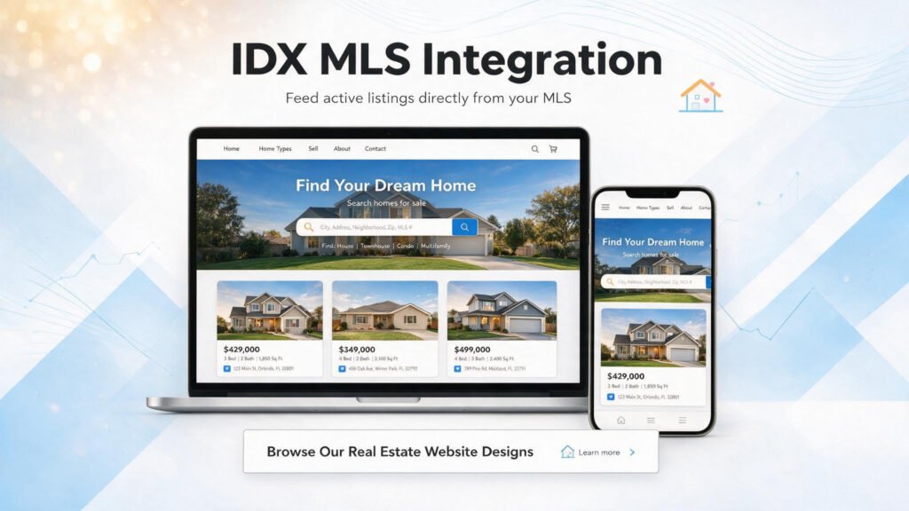 IDX MLS integration showing real estate listings on laptop and mobile