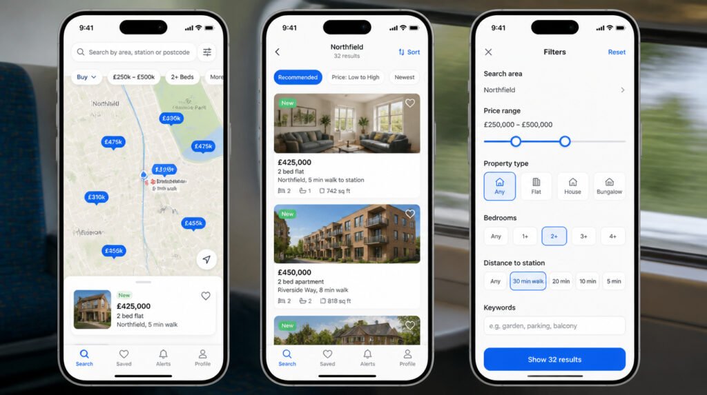 mobile property search and filter screens built with real estate website design services