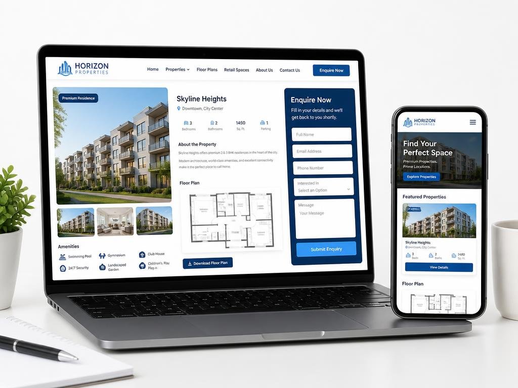 Responsive property and retail website mockup designed for Zirakpur businesses on laptop and mobile