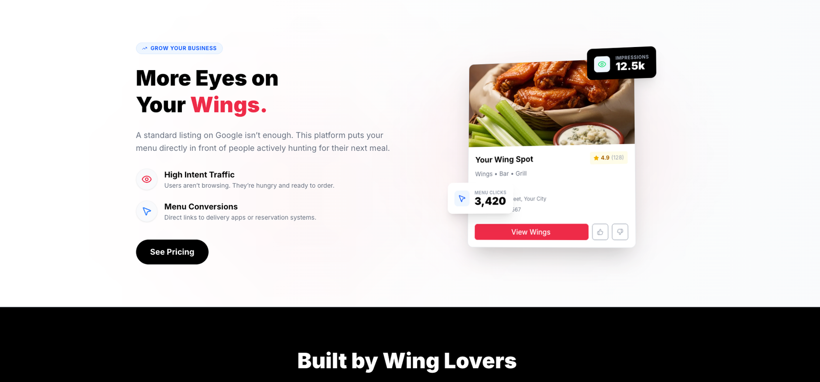 WingPubs restaurant listing card showing menu clicks and ratings built by Stack Decode India
