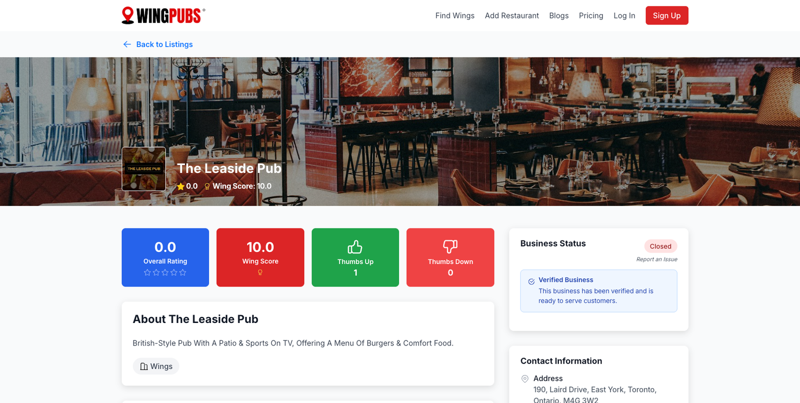 WingPubs restaurant detail page for The Leaside Pub built by Stack Decode India