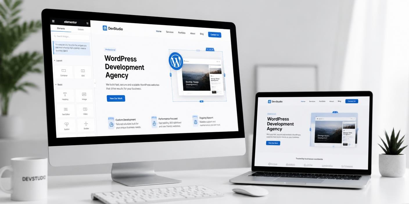 WordPress development workspace showing a custom business website being built in Elementor on desktop and laptop screens