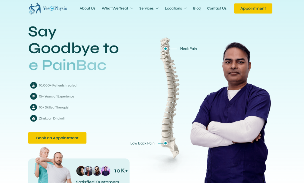 physiotherapy website design WordPress homepage for YesPhysio — Zirakpur, Panchkula, India