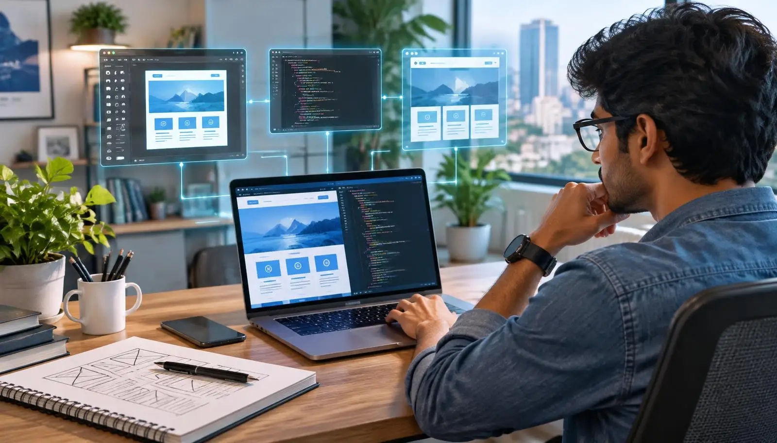 Indian web designer reviewing a website layout, code editor and wireframe notebook in a bright office