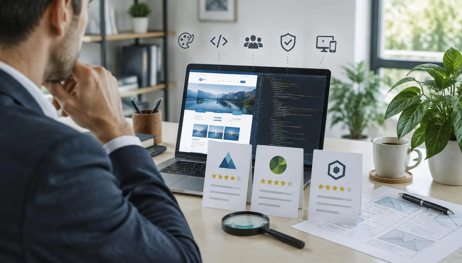 Business owner comparing agency review cards and inspecting a working website on a laptop before choosing a web development company