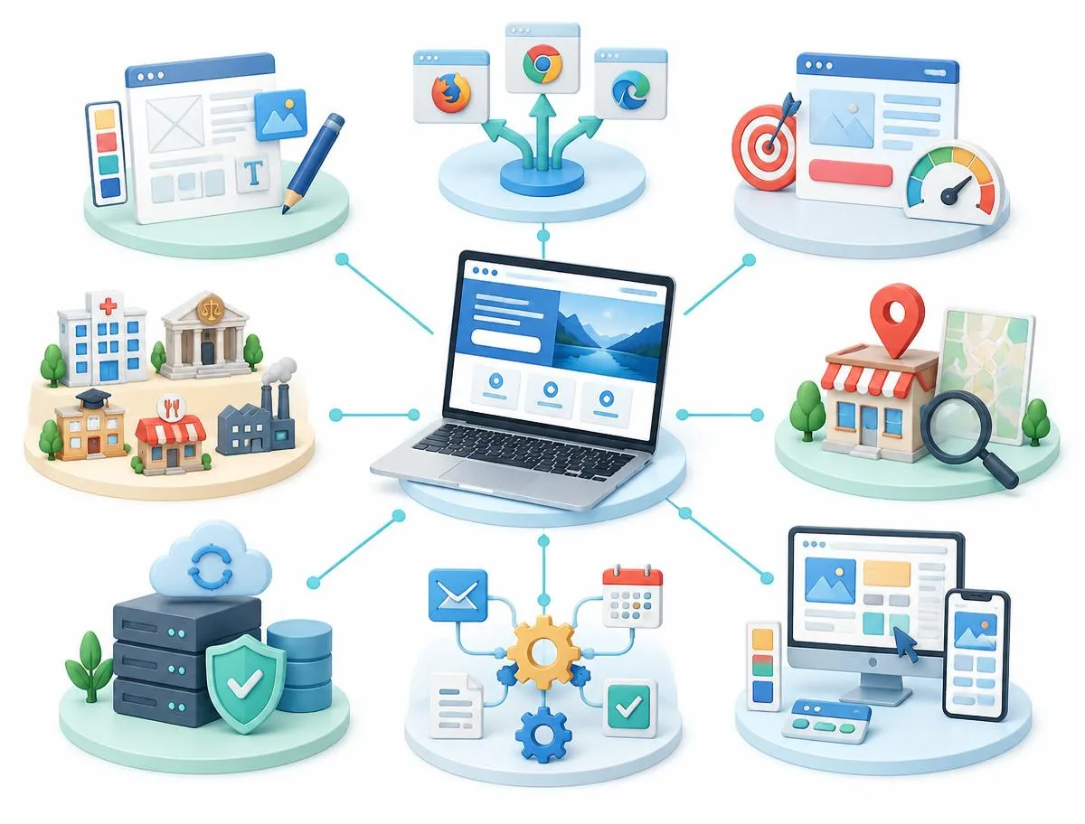 Eight connected website topics around a laptop: design, platform selection, landing pages, local SEO, UI/UX, automation, maintenance and industry websites