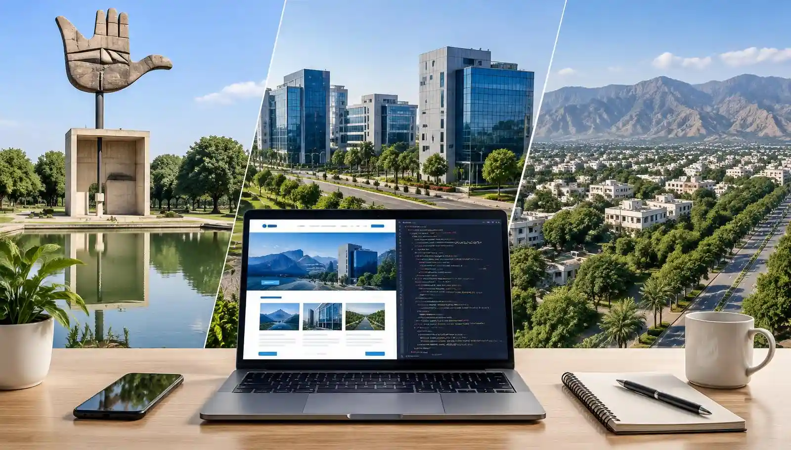 Illustrated Chandigarh Open Hand monument, Mohali office buildings and Panchkula foothills behind a web development laptop