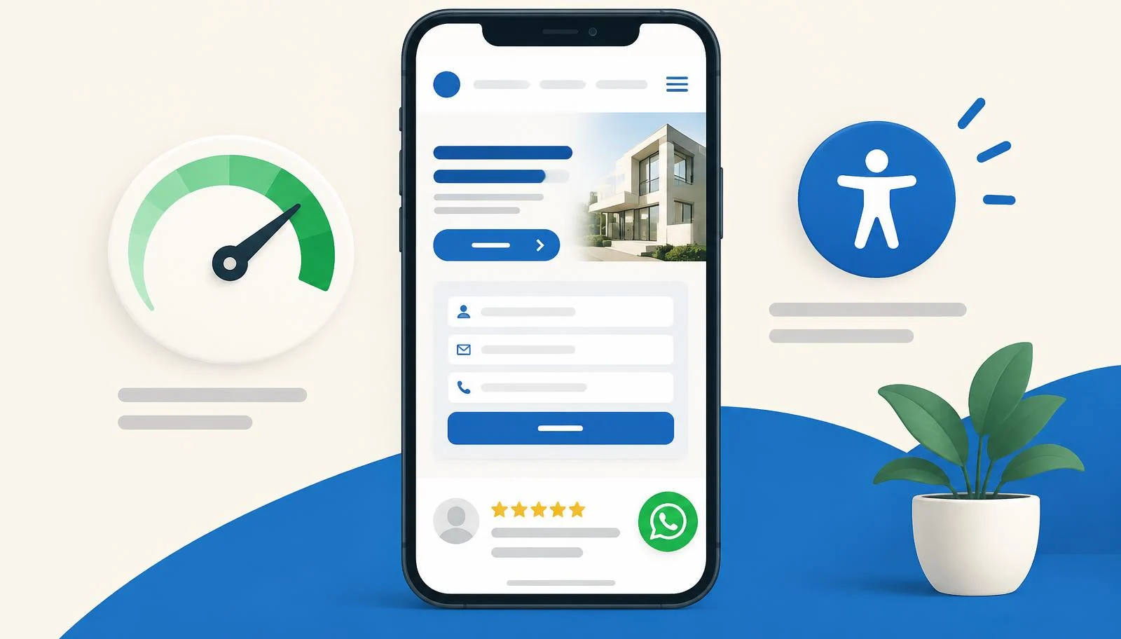 Mobile business web page with a clear call-to-action button, short enquiry form, reviews and WhatsApp contact option