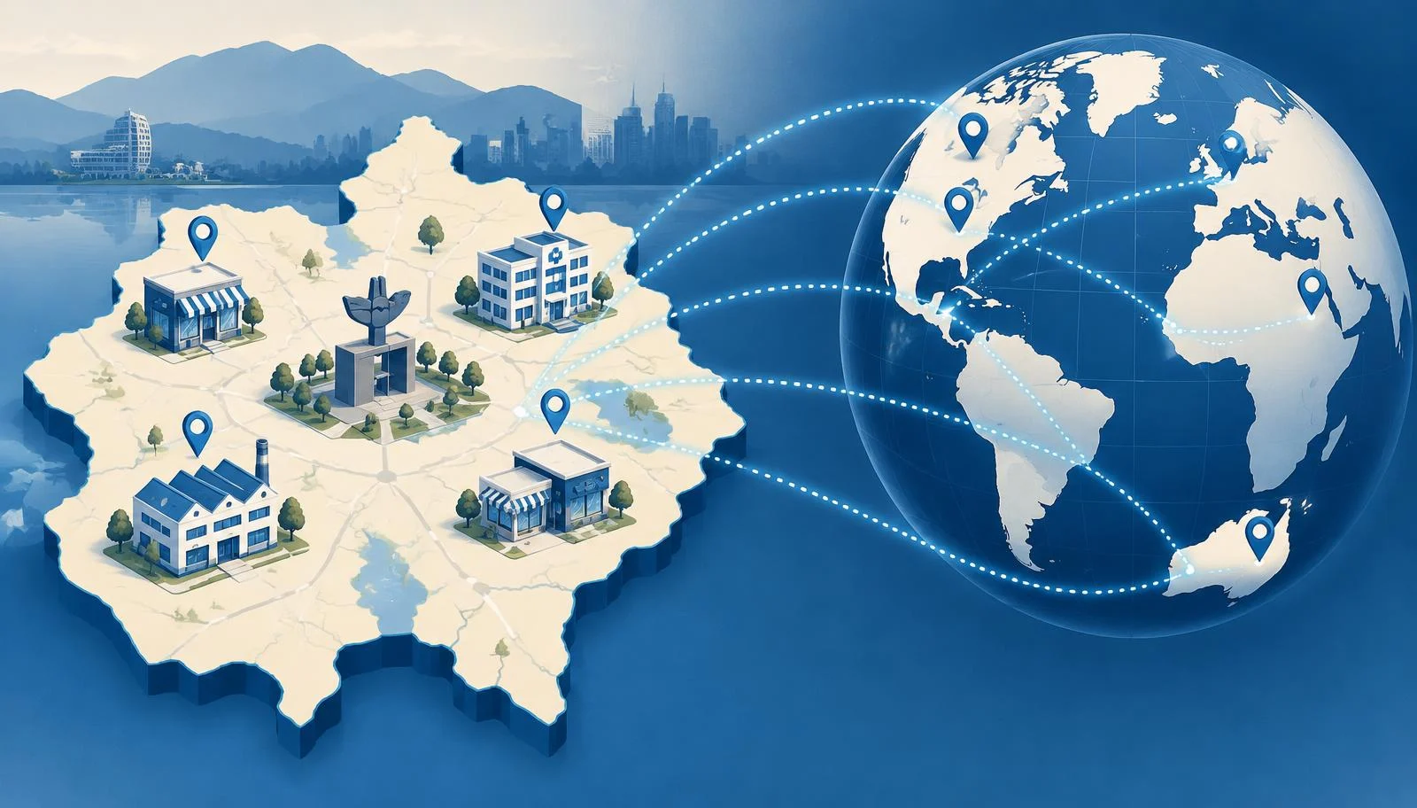 Tricity map with local shops, clinics and factories connected to clients in the US, UK, Canada, Australia and UAE